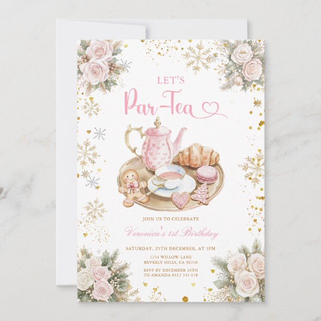 Vinter Rosa Tea Party Födelsedags Snöflingor Inbjudningar (Framsida)