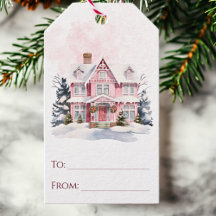 Vinter Rosa Vintage Hus Vattenfärg Jul