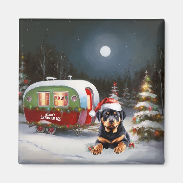 Vinter Rottweiler Husvagn Juläventyr Magnet (Framsidan)