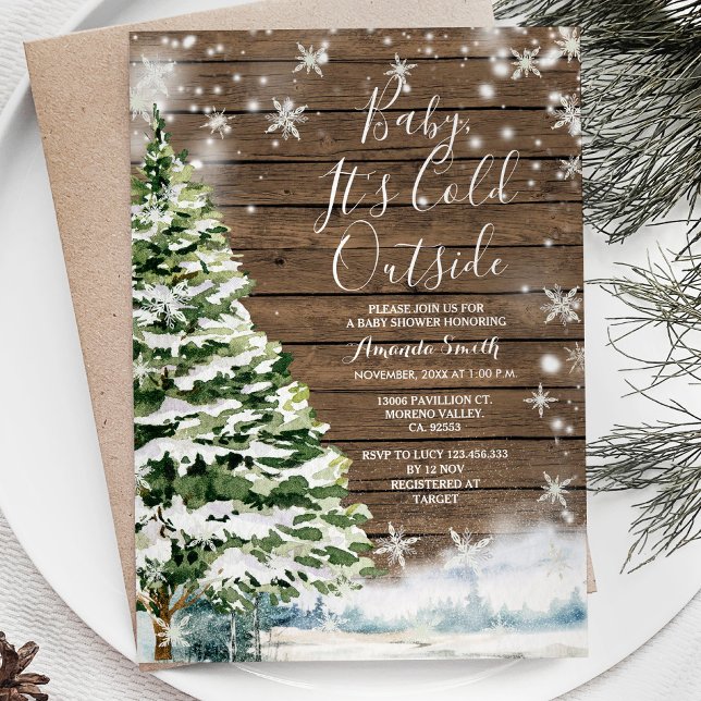 Vinter Rustic Wood Evergreen Träd Baby Shower Inbjudningar (Skapare uppladdad)
