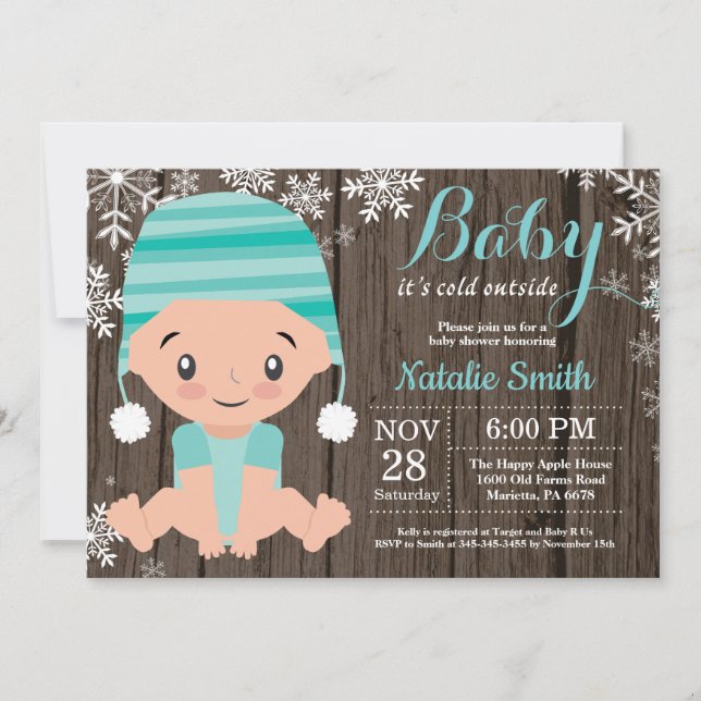 Vinter Rustik Aqua Baby Shower Inbjudan (Framsida)