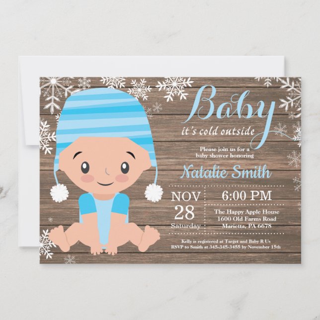 Vinter Rustik Blå Pojke Baby Shower Inbjudan (Framsida)
