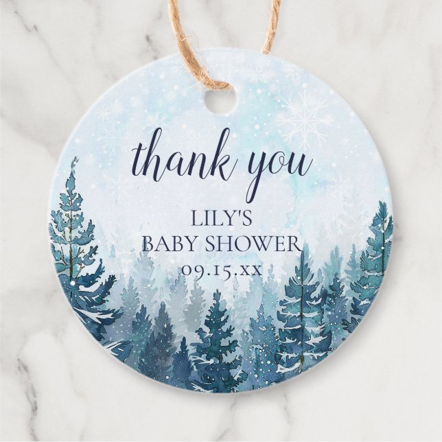 Vinter Rustik Tallskogs Baby Shower Gåvor Etiketter (Framsida)