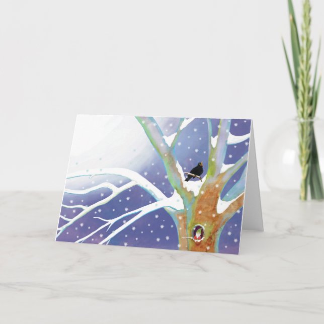 Vinter Sagovärld - Sångande Koltrast och en tomte  Kort (Framsida)