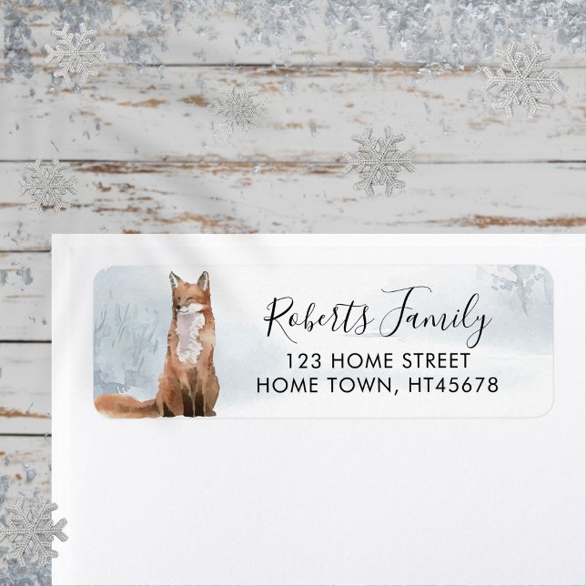 Vinter scen vildmarksscen med räv returadress etikett (Winter Woodland Scene Fox Return Address Label)