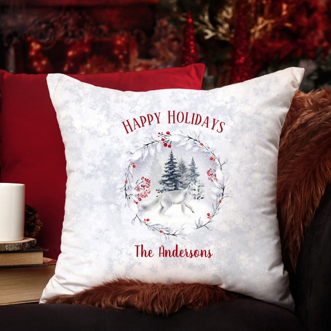 Vinter-scenen i Snö i Namn Kudde (Christmas Arctic Snow Fox Winter Scenery Name Throw Pillow)
