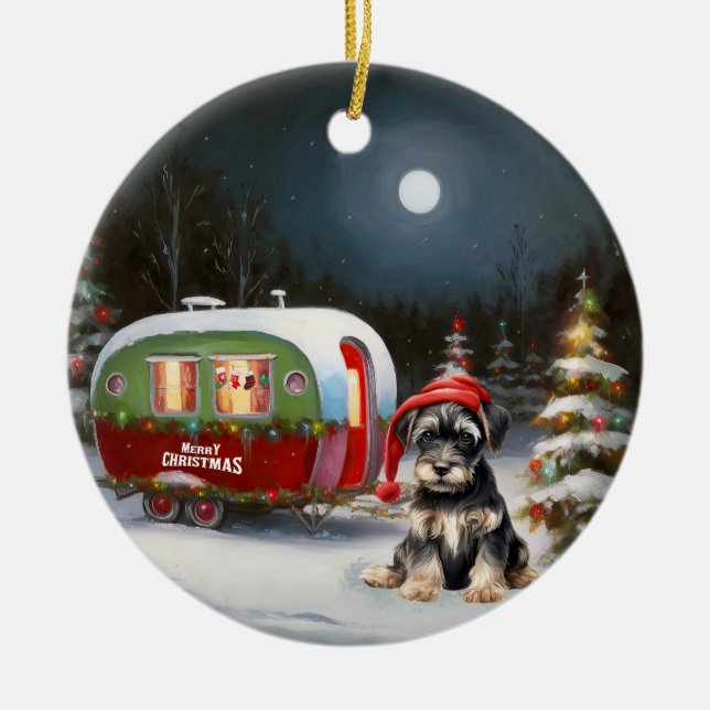 Vinter Schnauzer Husvagn Juläventyr Julgransprydnad Keramik (Framsidan)