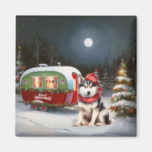 Vinter Sibirisk Husky Husvagn Juläventyr Magnet