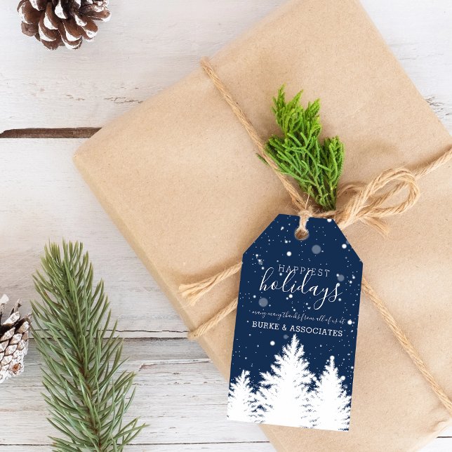 Vinter Siluett Träd Holiday Personlig Blå Presentetikett (Winter Silhouette Trees Holiday Personalized Blue Gift Tags)
