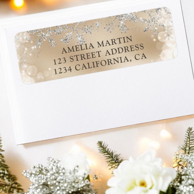Vinter-silver-babyduschetikett för barn i guld returadress etikett (Winter silver snow gold baby shower label)