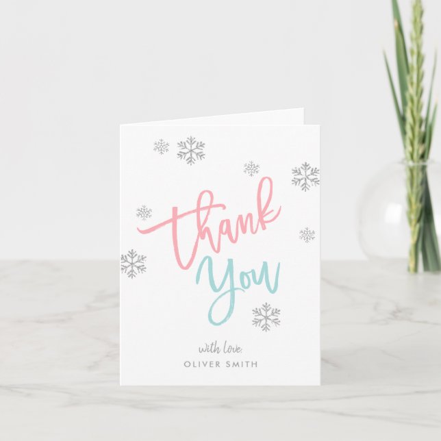 Vinter Silver Glitter Snöflinga Rosa & Blå Vikta Tack Kort (Framsida)