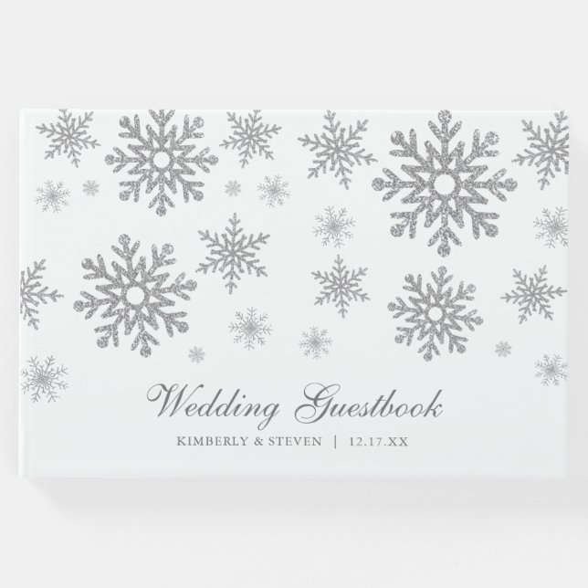 Vinter Silver Snöflingor Bröllop Gästböcker (Framsida)