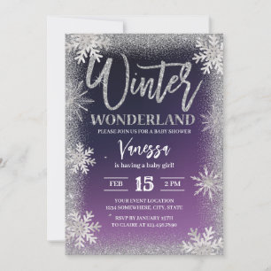Vinter Silver Snöflingor Lila Baby Shower Inbjudningar