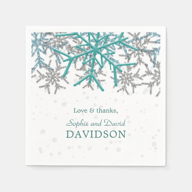 Vinter Silver Turkos Snöflingor Bröllop Pappersservett (Framsidan)