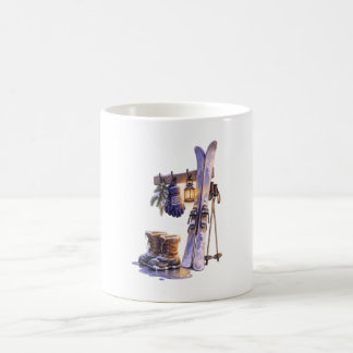 Vinter skidor stövlar och lykt kaffemugg