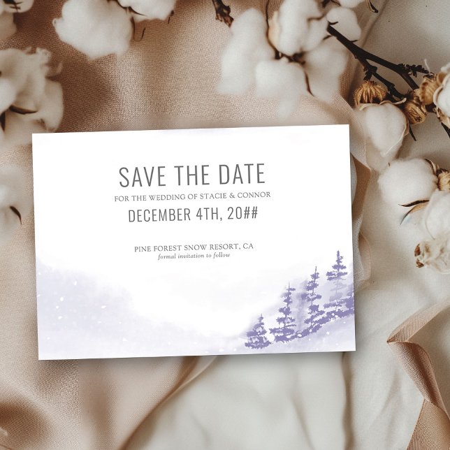 Vinter Skog Akvarell Lavendel Enkel Spara Datumet (Save the Date Wedding Invitation from my Winter Forest Lavender Wedding Collection)