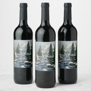 Vinter Skog Land Flod Jul Vinflaska Etikett