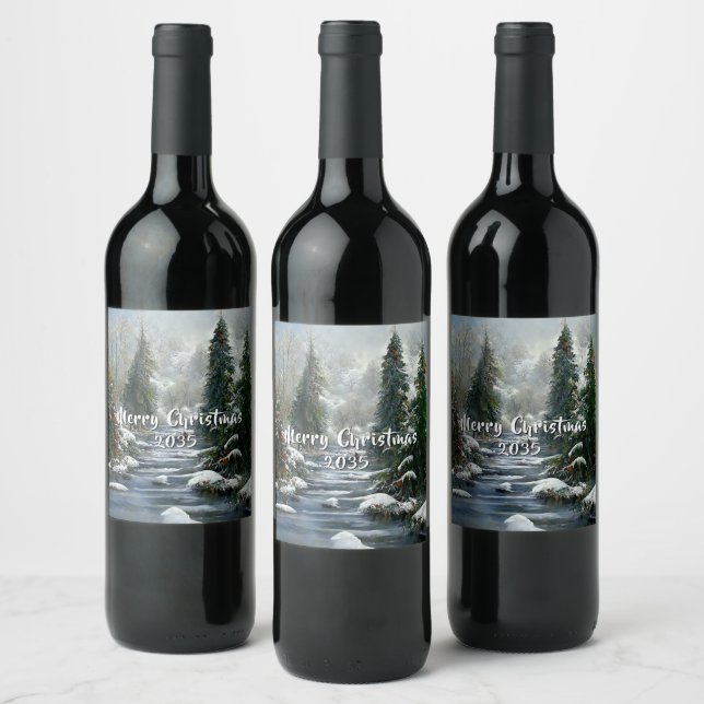 Vinter Skog Land Flod Jul  Vinflaska Etikett (Flaskor)