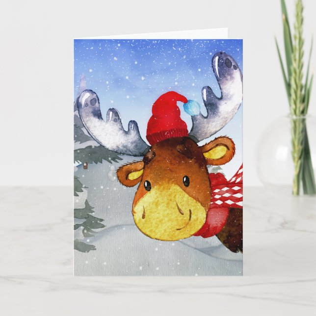 Vinter Skog Skogsmark Vänner Hjort Illustration Helgkort (Framsida)