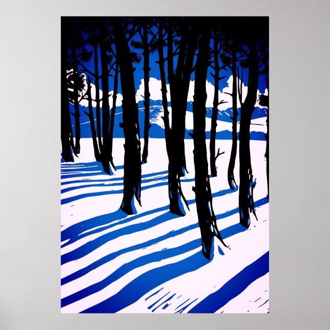 Vinter Skog Skuggor – Blå Minimal Natur Poster (Framsidan)