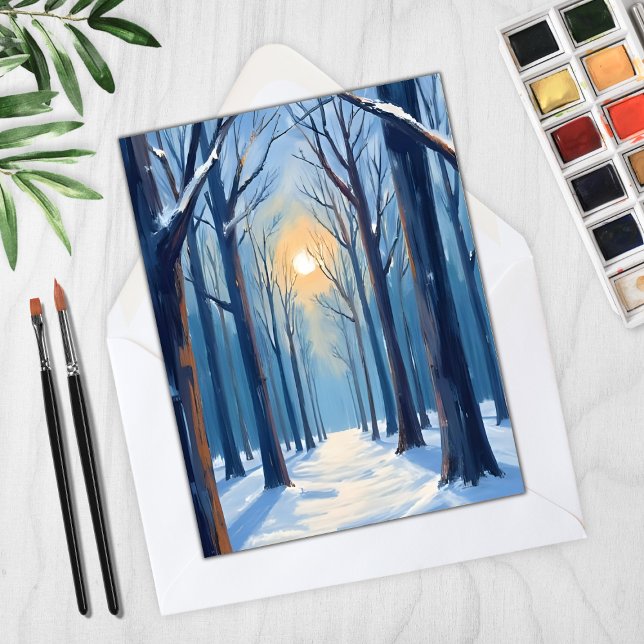 Vinter Skog Snö Akvarell Träd Kort (Skapare uppladdad)