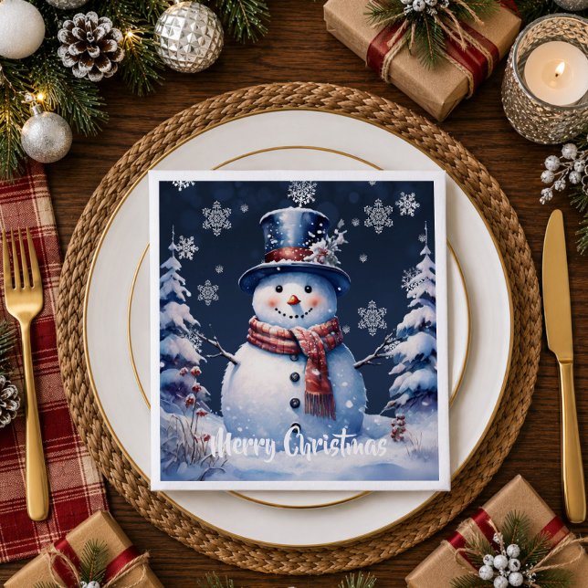 Vinter Skog Snömannen Jul | Blå Pappersservett (Winter Forest Snowman Christmas | Blue Napkins)