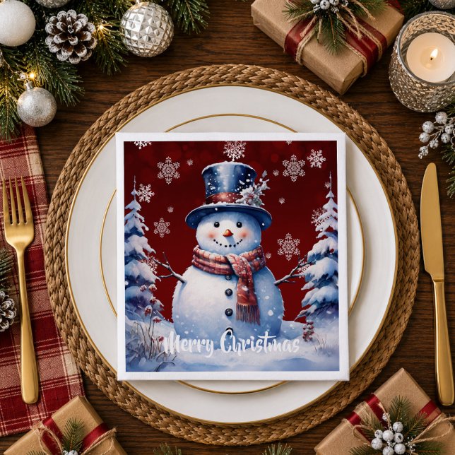 Vinter Skog Snömannen Jul | Röd Pappersservett (Red Winter Forest Snowman Christmas Napkins)
