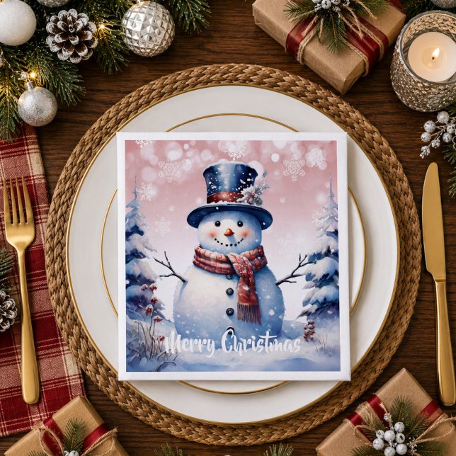 Vinter Skog Snömannen Jul | Rosa Pappersservett (Purple Winter Forest Snowman Christmas Napkins)