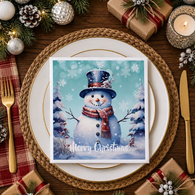 Vinter Skog Snömannen Jul | Turkos Pappersservett (Teal Winter Forest Snowman Christmas Napkins)