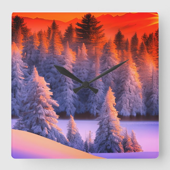 Vinter Skog Soluppgång Tema Fyrkantig Klocka (Framsida)