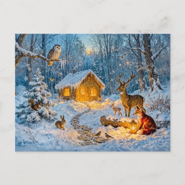 Vinter skog stuga med hjort, räv och uggla – Fläkt Vykort (Framsida)