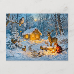 Vinter skog stuga med hjort, räv och uggla – Fläkt Vykort
