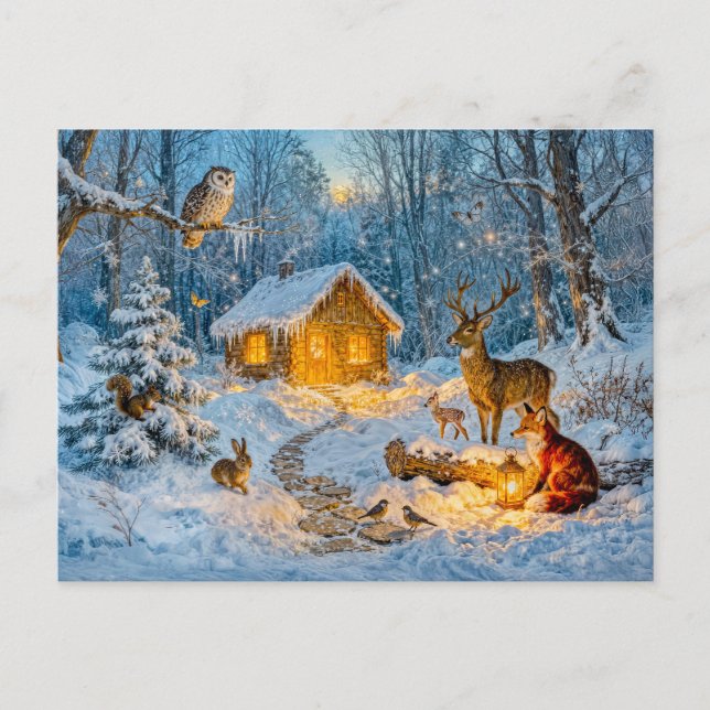 Vinter skog stuga med hjort, räv och uggla – Fläkt Vykort (Framsida)