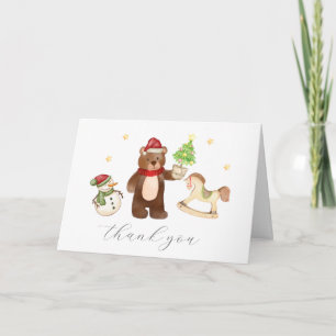Vinter Skog Teddybjörn Snömannen Babyfirande Tack Kort