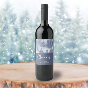 Vinter skog vattenfärg Navy Blue Bröllopsdusch Vinflaska Etikett