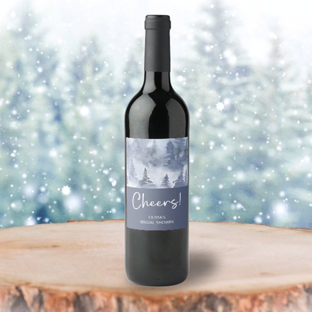 Vinter skog vattenfärg Navy Blue Bröllopsdusch Vinflaska Etikett (Skapare uppladdad)