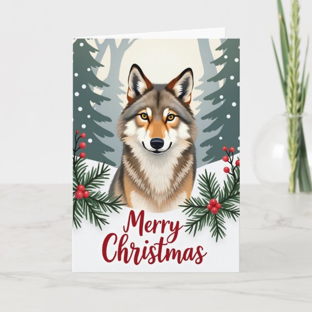 Vinter-Skogen för God jul-kort för leende Varg Kort (Framsida)