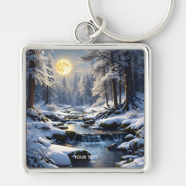 Vinter-skogen i Fantasy Cute Måne Fyrkantig Silverfärgad Nyckelring (Framsidan)