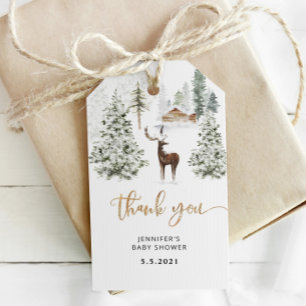Vinter skoglig skog hjort baby shower tack presentetikett