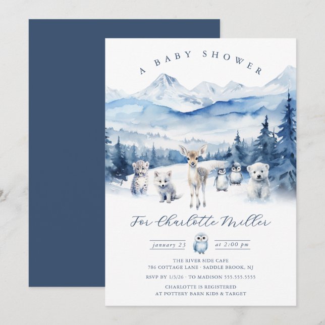Vinter Skogs Djur Baby Shower Inbjudan (Fram/baksida)