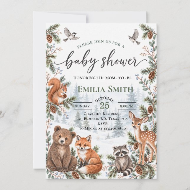 Vinter Skogs Djur Baby Shower Inbjudningar (Framsida)