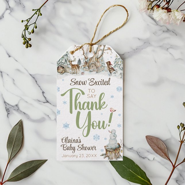 Vinter Skogs Djur Babyfirande Present Förpackning  Presentetikett (Cute watercolor snowflake Winter Woodland Forest Animals snowman baby shower thank you favor tag)