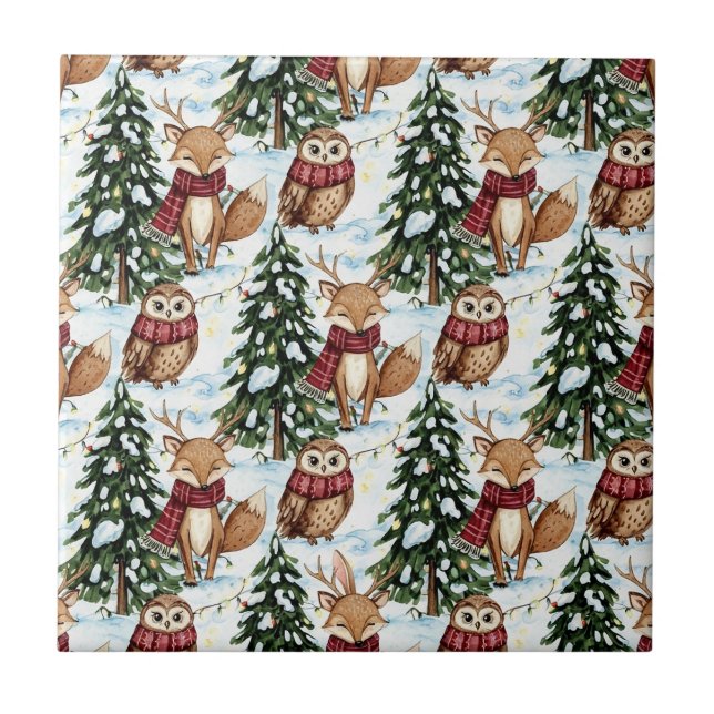 Vinter Skogs Djur Jul Mönster Kakelplatta (Framsidan)