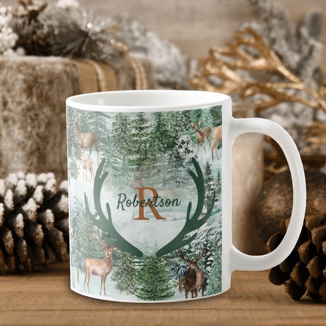 Vinter Skogs Hjort Jul Monogram Kaffemugg (Skapare uppladdad)