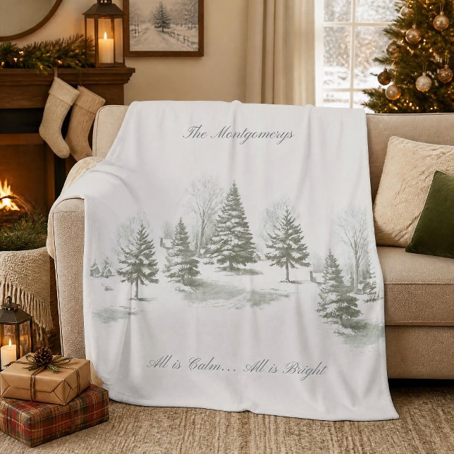 Vinter skogs julgran tall monogram fleecefilt (Winter Woodland Christmas Tree Pine Monogram Fleece Blanket)