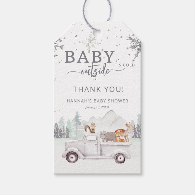 Vinter Skogsbarn Baby Det Är Kallt Utanför Babyfir Presentetikett (Framsidan)