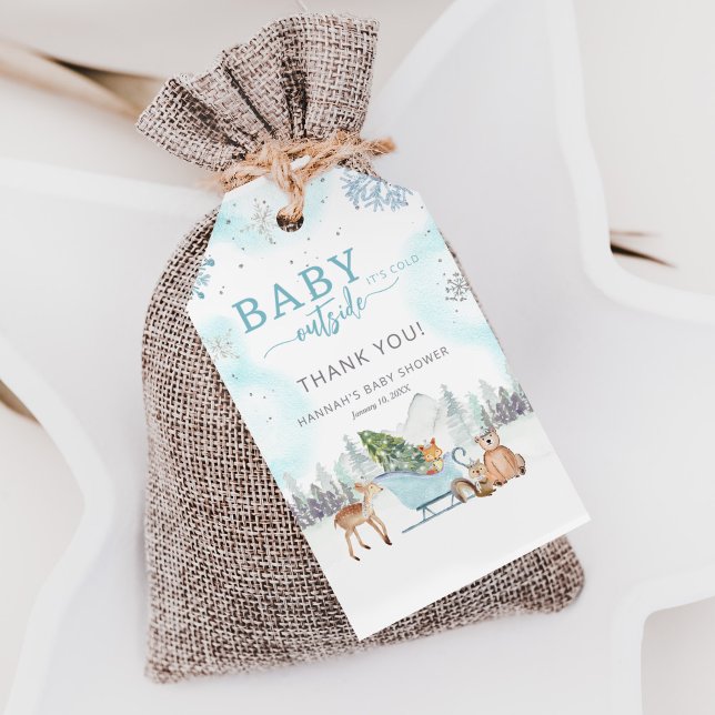 Vinter Skogsbarn Det Är Kallt Utomhus Baby Shower Presentetikett (Skapare uppladdad)