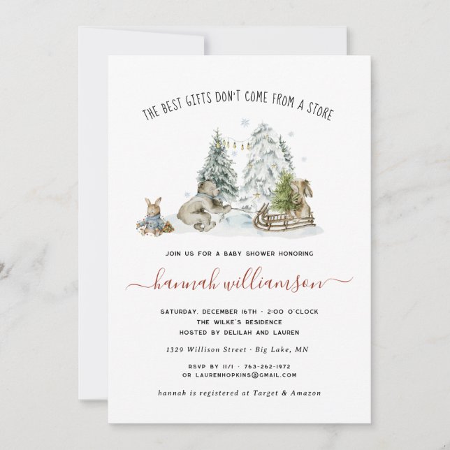 Vinter skogslandskap baby shower inbjudan (Framsida)