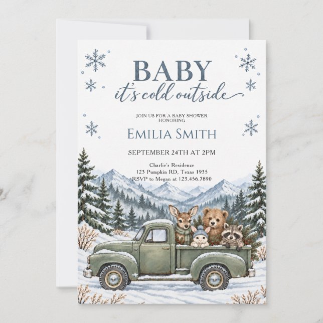 Vinter Skogslastbil Baby Shower Inbjudningar (Framsida)