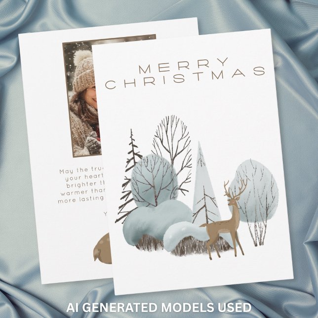 Vinter Skogsmark Vacker Julen Foto (Winter Woodland Deer Merry Christmas Photo Holiday Card)
